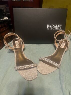 Badgley Mischka Gold/Champagne Crystal-Strap Evening Sandals